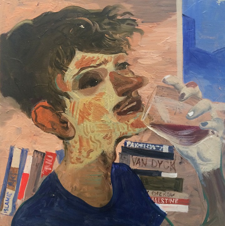 Salman Toor, Avenue B Apartment, 2015, Oil on panel, 12 x 12 in