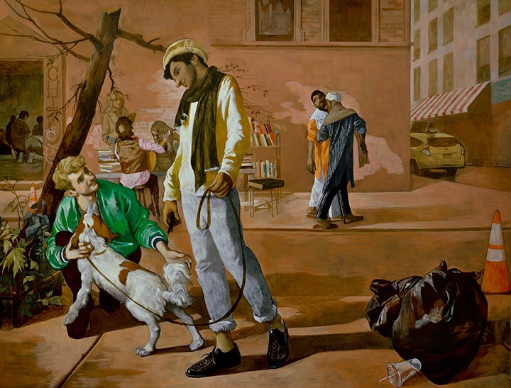Salman Toor, Eleventh Street, 2018, Oil on canvas, 51 x 67 in