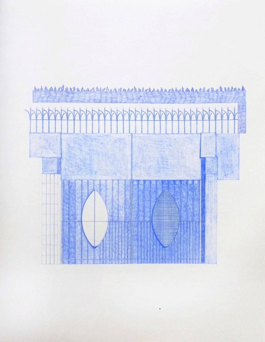 Gate drawn in blue pencil on white paper.