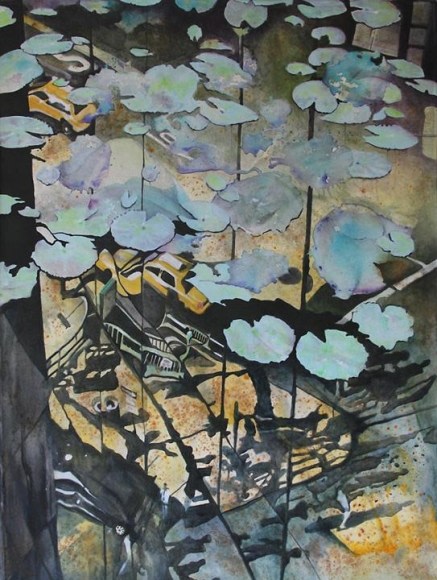 Nitin Mukul FLYING LOTUS 2008 Acrylic, oil and tea stain on canvas 48 x 36 in.