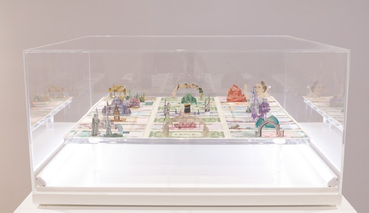 Abdullah M. I. Syed Moneyscape V: Temenos, 2017 Hand-cut and assembled various uncirculated banknotes in custom light-box vitrine 22h x 22w x 10d in