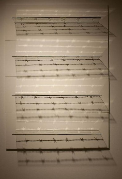 Amna Ilyas UNTITLED 3 (Barbed Wire) 2009 Glass, silver, wood 41 x 30 x 6.5 in.