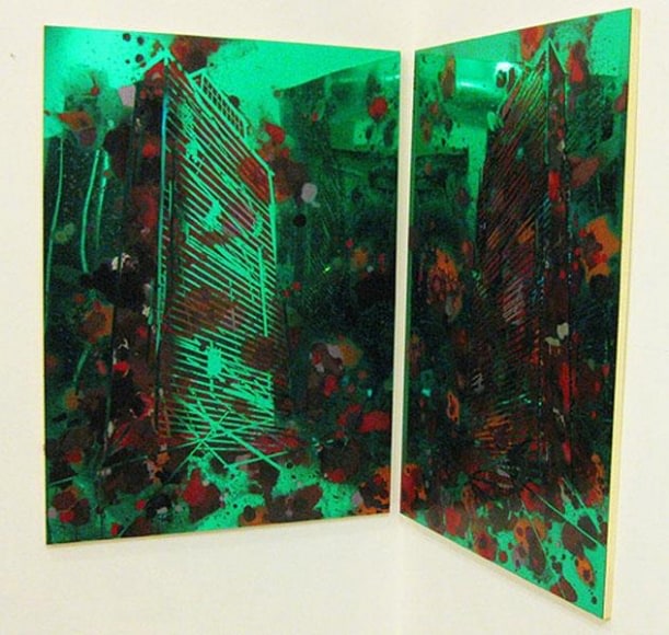 John Jurayj UNTITLED (MIRROR IMAGE, #36) Oil, enamel and gun powder on green colored plexiglass 48 x 72 in. (DIPTYCH) NFS