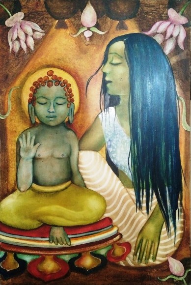Anjolie Ela Menon Mother and Child 2016 Oil on Masonite board 36 x 24 in.