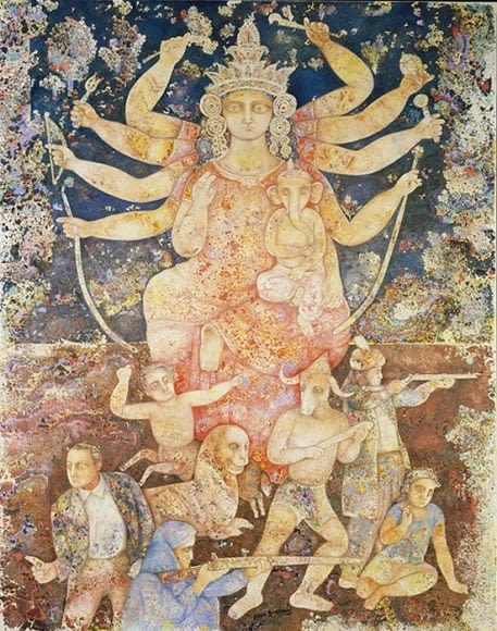 Sakti Burman DURGA ET LE MONDE 2008 Oil on canvas 57.5 x 45 in.