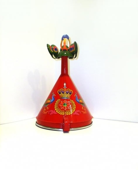 Adeela Suleman RED PEACOCK HELMET 2008 Metal with acrylic paint, fabric and padding 15 x 12 x 10 in.