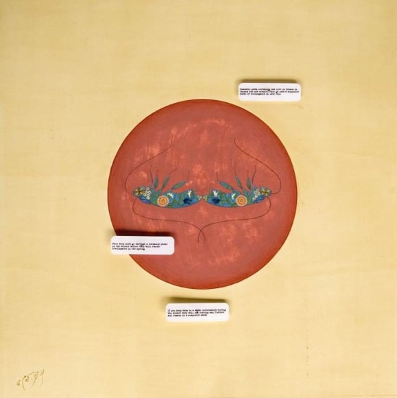 Tazeen Qayyum AVOID EXTREME COLD 2008 Gouache, entomology pins and labels on wasli 11 x 11 in.