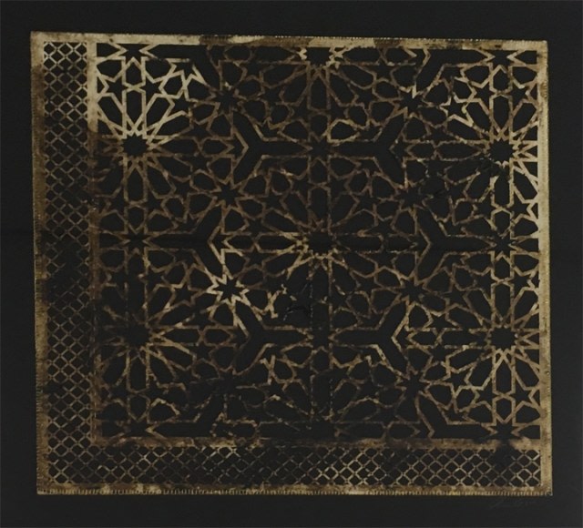 Anila Quayyum Agha Intersections - Black 1 2016 Mixed media on paper (Marbled and encaustic, laser-cut pattern on paper with embroidery) 27.5 x 27 in.