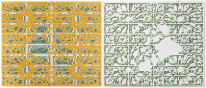 Abdullah M. I. Syed Mapping Investment: Iraq, 2017 Hand-cut U.S. $2 banknote sheet and banknote collage with acrylic on wasli 20.25 x 50.25 in