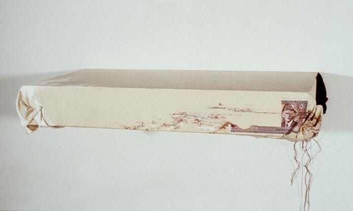 Saad Qureshi HOME IS WHERE IT HURTS 2008 Oil and banknote on canvas 3.5 x 25 x 12.5 in.