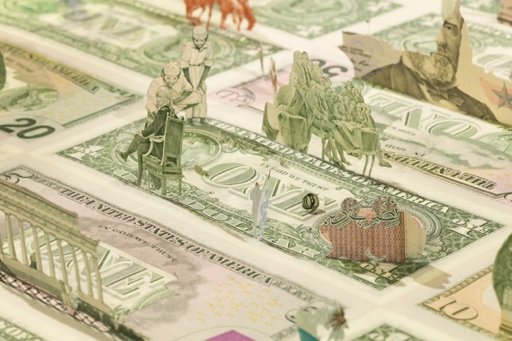Abdullah M. I. Syed Moneyscape VI: Playground of Alternative Economies (Detail) 2017 Hand-cut and assembled various uncirculated banknotes in custom light-box vitrine 22 x 22 x 10 in