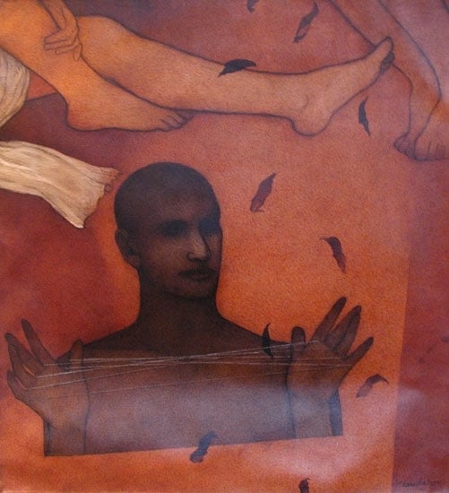 Chandra Bhattacharjee HEAD OVER HEELS 2000 Acrylic on canvas 34 x 34 in.