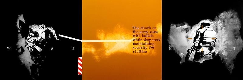 Rathin Kanji POLITICAL CONFLICT 2008 Acrylic on canvas 30 x 90 in. (Triptych)