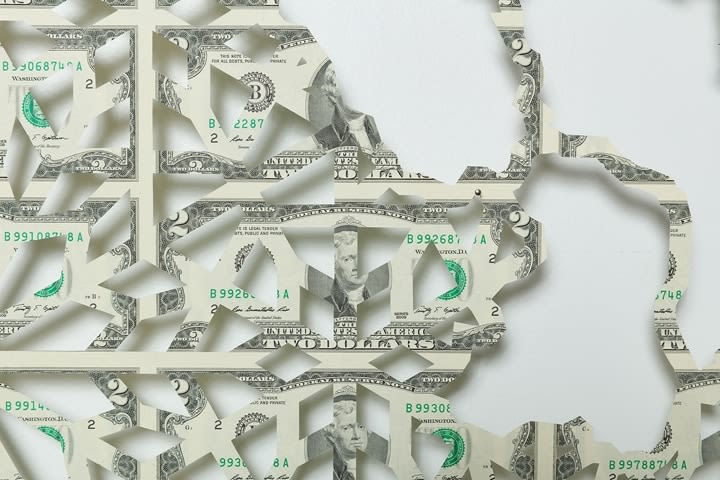 Abdullah M. I. Syed Mapping Investment: Afghanistan (Detail 1) 2017 Hand-cut U.S. $2 banknote sheet and banknote collage with acrylic on wasli 20.25 x 50.25 in