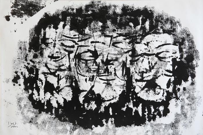 AJ Shemza FACES 1957 Indian ink on paper 14.3 x20.9 in