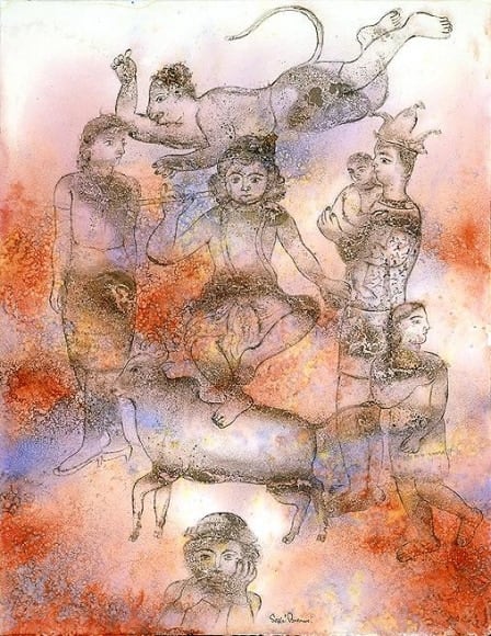Sakti Burman KRISHNA AND HUNUMAN 2008 Watercolor on paper 25.5 x 20 in.