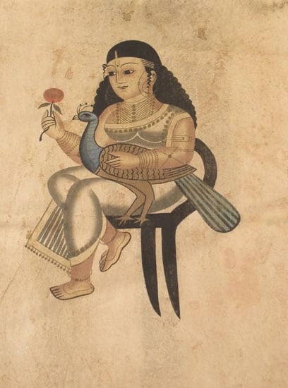 Kalighat Painting UNTITLED 17 (GIRL WITH PEACOCK) ND Watercolour on paper 18 x 13 in.