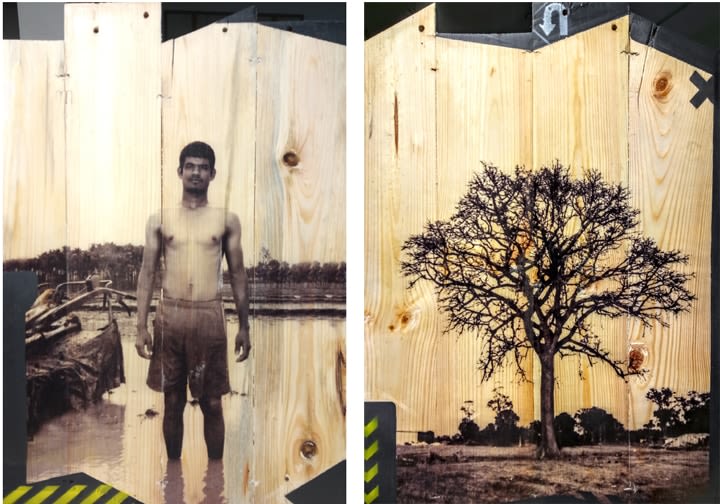 Arunkumar H.G. Vulnerable Guardians Series (Pair 7) 2018 Digital print, floor paint and clear coat on reclaimed wood 20 x 14 in. (Each)