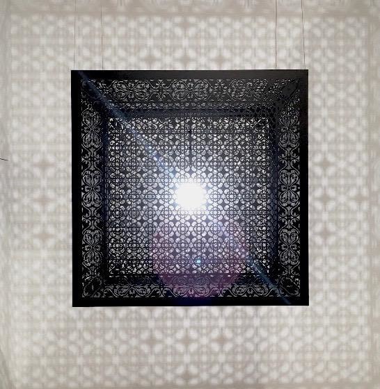 Anila Quayyum Agha Hidden Diamond, 2016 Laser-cut black steel, wires, and bulb 36 x 36 x 36 in