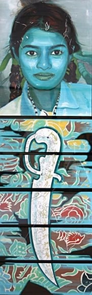 Reena Saini Kallat SWORD SWALLOWER (GIRL) Acrylic on canvas 77 x 22 in.