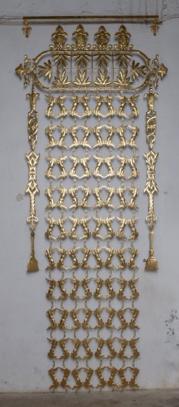 Adeela Suleman Wipe the Slate Clean 2, 2019 Hand beaten repousse work on stainless steel layered with gold leaf 53 x 131 x 6 in