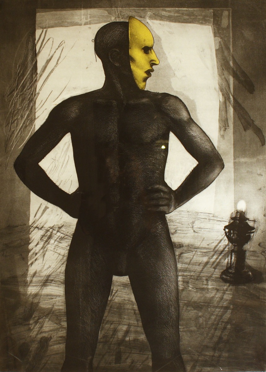Anupam Sud MAN IN A MASK 1976 Etching 37.5 x 25.5 in.