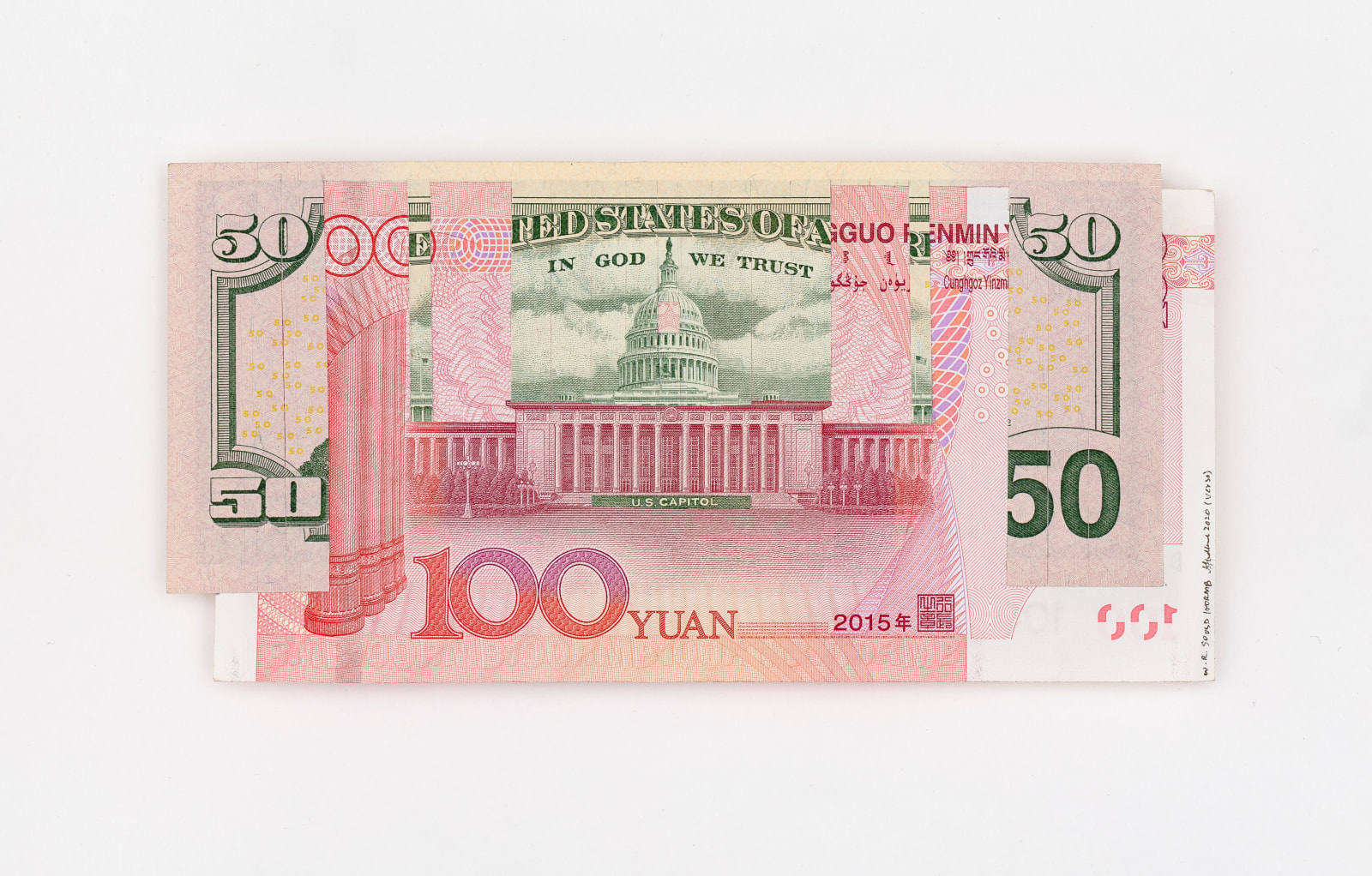 Abdullah M. I. Syed Weaving Overlapped Realities: 50 US Dollar and 100 Chinese RMB (Structures, Verso), 2020 Hand-cut and overlapped uncirculated 50 US Dollar and 100 Chinese RMB and archival tape 3.15h x 6.38w in