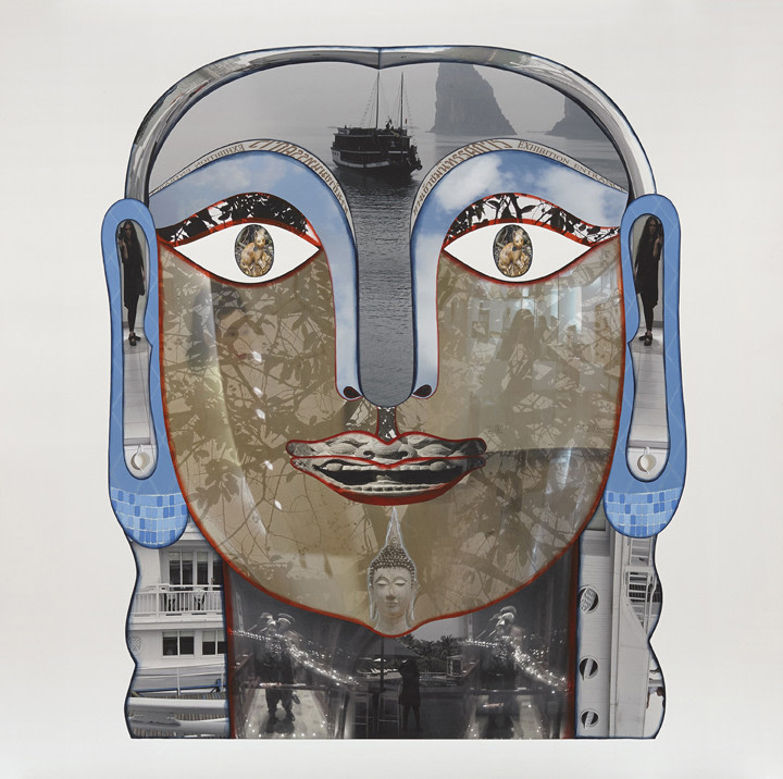 Rekha Rodwittiya Matters Of The Heart (Head VI) 2013 Digital inkjet print with autobiographic photo images and hand-painted watercolor on paper 60 x 60 in.