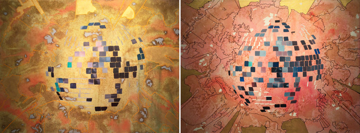 Nitin Mukul BOOM TOMB (DIPTYCH) 2007 Oil, acrylic and tea stain on canvas 36 x 96 in.