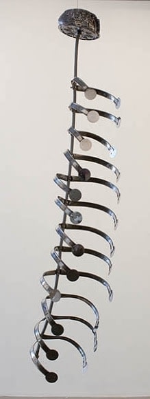 Adeela Suleman LIE ALONE 1 2009 Bathroom pipes, steel tongs, electroplated steamers, nuts and bolts 61 x 11.5 x 8.5 depth in.