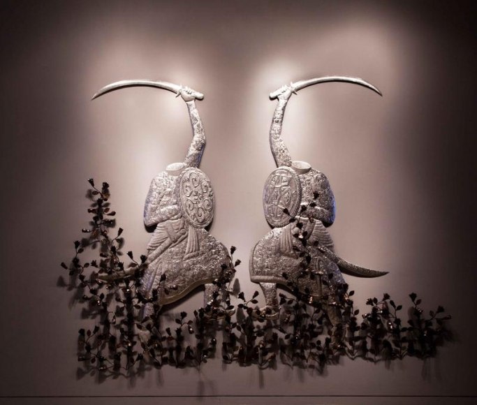 Adeela Suleman MUBARIZUN - NO MORE SERIES (FIGHTING YET AGAIN) (Ed. of 2) 2015 Hand-beaten stainless steel and iron Figures: 72 x 36 in. each.