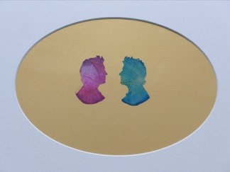 Abdullah M. I. Syed Rose Petal Self-Portraits: Silhouettes 33-34 – Pink and Blue Roses, 2019, Hand-cut rose petals on archival metallic paper and clear acetate, 12 x 16 in