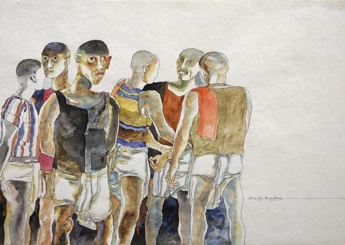 K. Laxma Goud SIX MEN GATHERING Watercolor on paper 10.5 x 14.5 in. SOLD