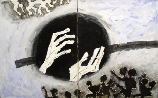 M.F. Husain UNTITLED DIPTYCH (MOTHER TERESA/CHILD/HANDS) 1980 Oil on canvas 30 x 48 in. SOLD
