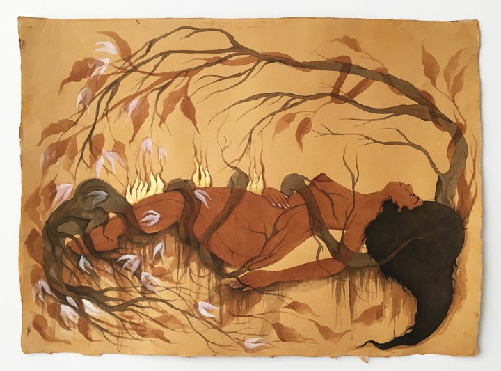 Hiba Schahbaz Untitled 2016 Tea and watercolor on paper 22.5 x 31.5 in.