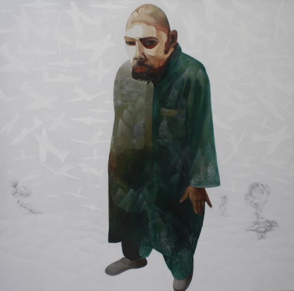Sana Arjumand THEN THEIR SHADOWS FELL FROM THE SKY - 2 2010 Ink, acrylic and tea stains on canvas 60 x 60 in.
