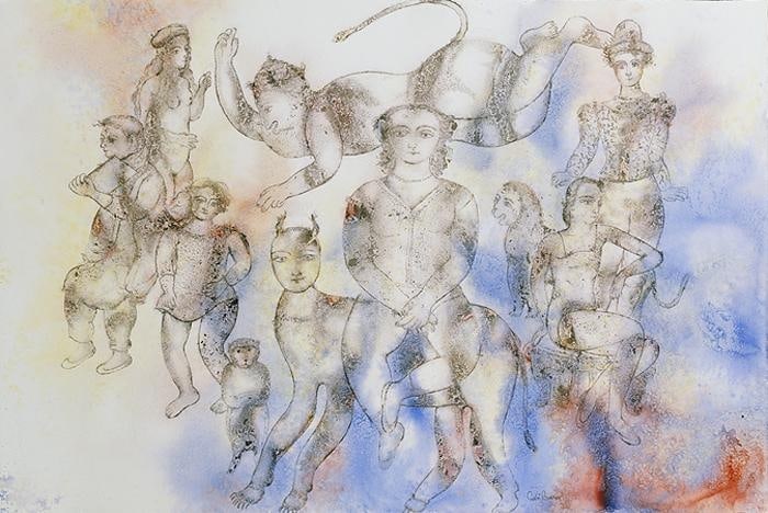 Sakti Burman HANUMAN FLYING IN THE ENCHANTED WORLD OF COMEDIANS 2008 Watercolor on paper 31.5 x 47 in.