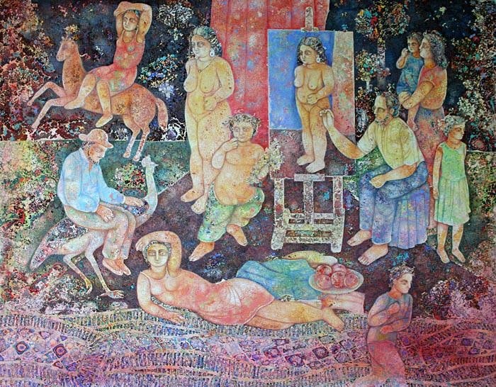Sakti Burman ARTIST WITH HIS MODEL 2007 Oil on canvas 63 x 51 in.