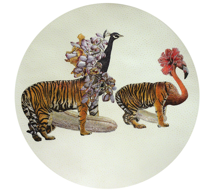 A combination of a tiger and a peacock as well as a tiger and a flamingo.