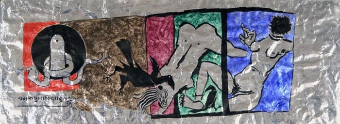 M. F. Husain SHIVA LINGHAM (UNTITLED - SNAKE AND CROWS) 1974 Acrylic on foil sheet 19 x 53 in.