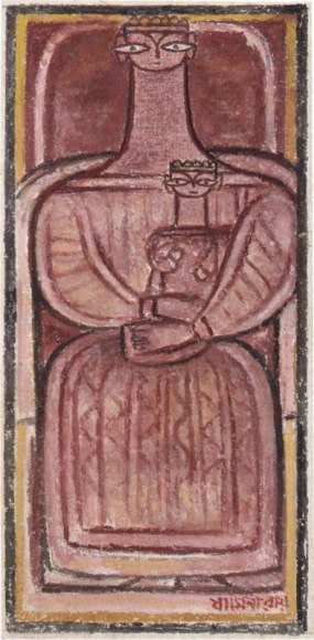 Jamini Roy Untitled (Mother and Child) c. 1940s Gouache on canvas on board 29.5 x 14 in.