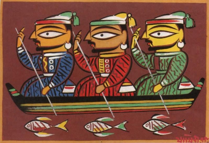 Jamini Roy UNTITLED (THREE BOATMEN) ND Gouache on card 14 x 20 in.