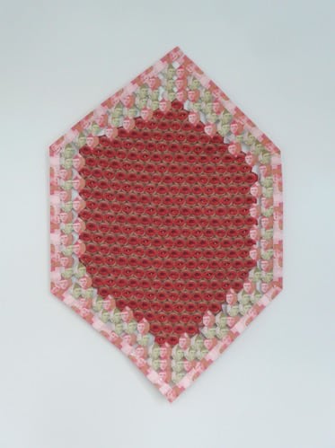 Abdullah M. I. Syed, Buzzing Tapestry Quilt, 2019, Hand-stitched, custom made textile print with folded uncirculated Pakistani 10 and 100 Rupee banknotes, thread and staple pins, 38 x 26 in