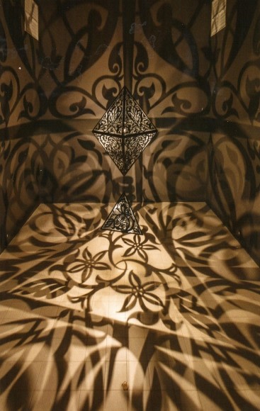 Anila Quayyum Agha The Greys in Between 2018 Powder coated laser-cut steel and lightbulbs 18 x 5 x 5 ft.