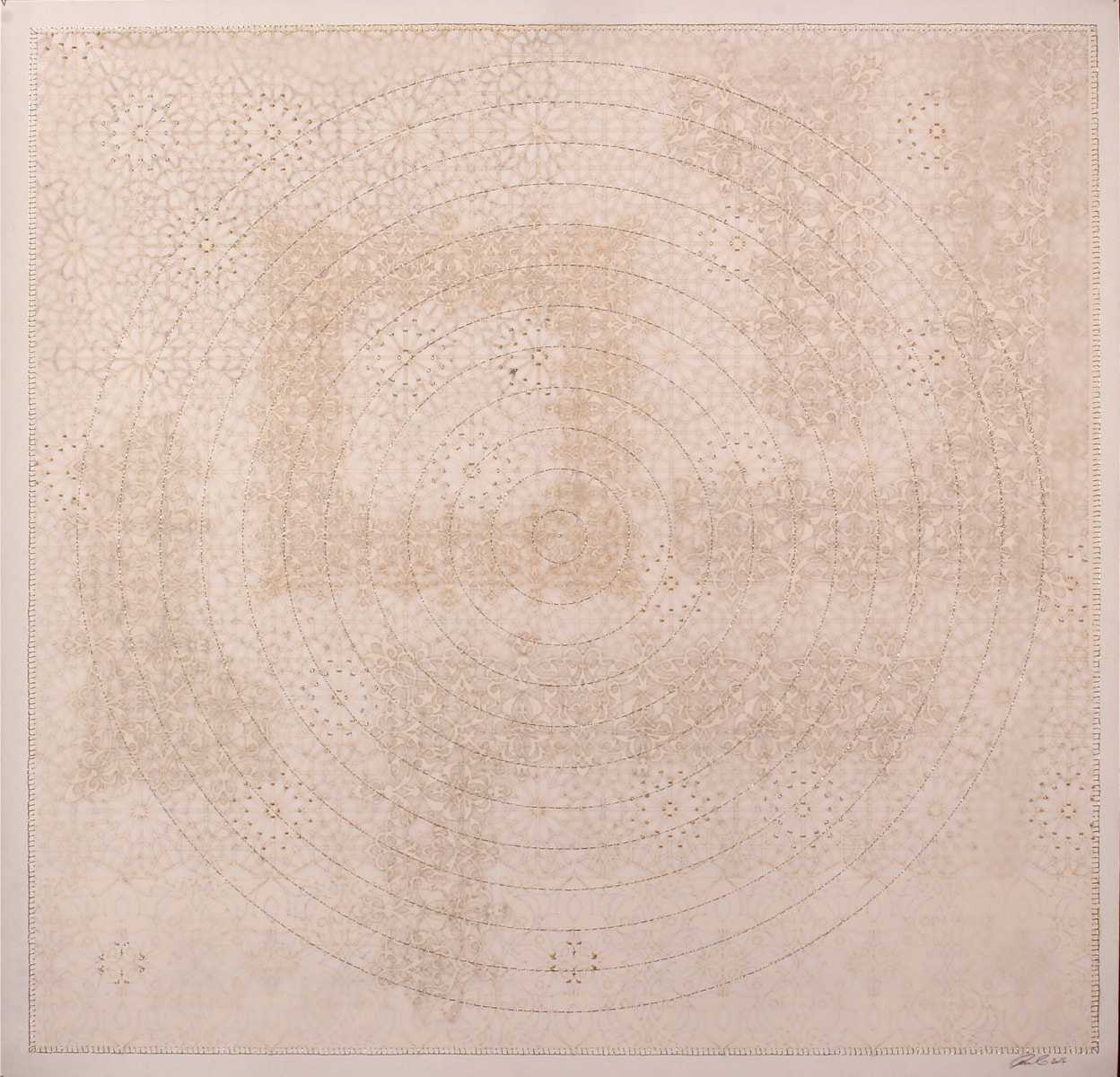 Anila Quayyum Agha Shimmering Memories - 1 2016 Mixed media on paper (Laser-cut patterns on paper with mylar, embroidery and beads) 39.5 x 39.5 in.