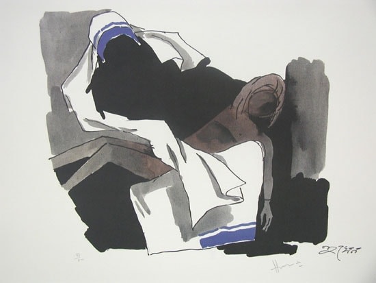 M. F. Husain MOTHER THERESA HOLDING THE CHILD Signed framed serigraph 17 x 22 in.