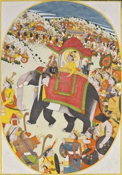 An Illustration to the Ramayana: The Return of Rama Northern India, Guler c. 1780 Opaque watercolour heightened with gold on wasli 10.75 x 7.5 in.