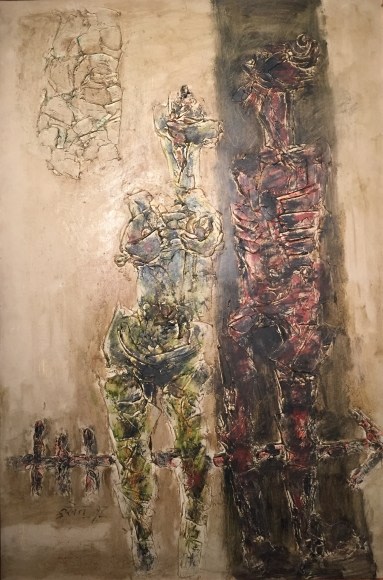M.F. Husain Two Figures 1960s Oil on board 45 x 32 in.
