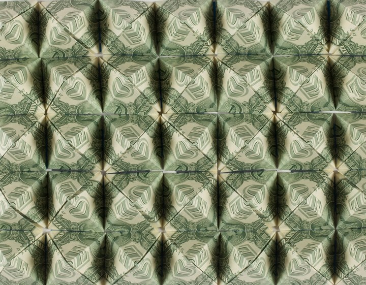 Abdullah M. I. Syed Topography (Detail) 2017 Folded U.S. $1 banknotes and staple pins 24 x 24 x 2 in