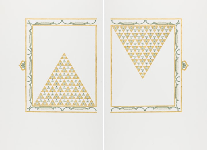 Abdullah M. I. Syed Illuminated Prisms Manuscript I: Pgs. 1 & 2, 2017 Hand-cut U.S. $1 banknotes collage and 24k gold on Illustration board 22.75 x 30 in